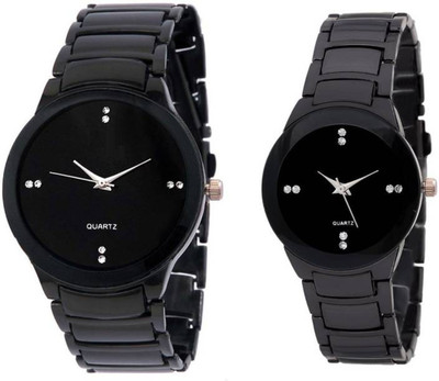 

FabSale Best New Designer Black Metal Strap Stylish Attractive Round Black Dial Diamond Studded on Dial(Pack Of 2) Latest Analog Wrist Watch - For Couple