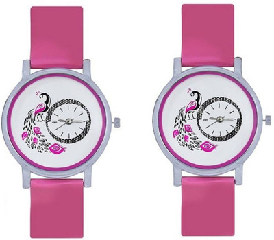 

FabSale Best New Designer Pink PU Strap Stylish Attractive Round White Dial Peacock Printed On Dial(Pack Of 2) Latest Analog Wrist Watch - For Women