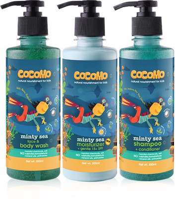 

Cocomo Bath & Body Combo: Minty Sea Range - Shampoo+Body Wash+Moisturizer (Pack of 3) 300 ml Each(Blue)