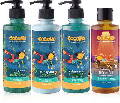 

Cocomo Bath & Body Combo: Minty Sea Range - Shampoo+Body Wash+Moisturizer+Hair Oil (Pack of 4) 300 ml Each(Blue)