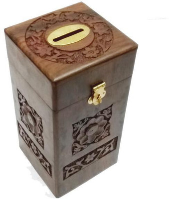 Damdar Online Bazaar Decorative Handmade Wooden Rectangular Shape Money Bank/Piggy Bank/Coin Bank {DGR-ENTP-0433-B/Size(Inch):8x4x4} Coin Bank(Brown)