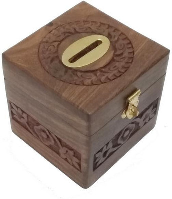 

Damdar Online Bazaar Decorative Handmade Wooden Square Shape Money Bank/Piggy Bank/Coin Bank {DGR-ENTP-0434-B/Size(Inch):4x4x4} Coin Bank(Brown)