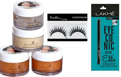 

Studio Fix Combo Eyelashes&Shahnaz Husain Revival & Gold Skin Radiance Facial Kit 40 gm, Lakme Eyeconic Deep Black Kajal(Set of 3)