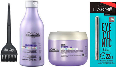 

styling Hair Brush & Loreal Liss Unlimited Shampoo & Conditioner & Eyeconic Kajal Deep Black(Set of 4)