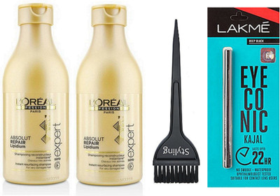 

styling Hair Brush & Loreal Absolut Repair Lipidium Shampoo Set of 2 & Eyeconic Kajal Deep Black(Set of 4)