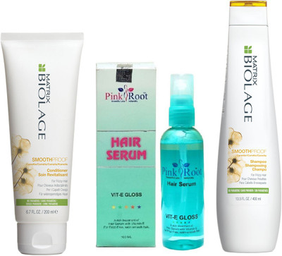 

Pink Root Hair Serum 100ml, Matrix Biolage Shampoo SmoothProof 400ml & Conditioner 200ml(Set of 3)