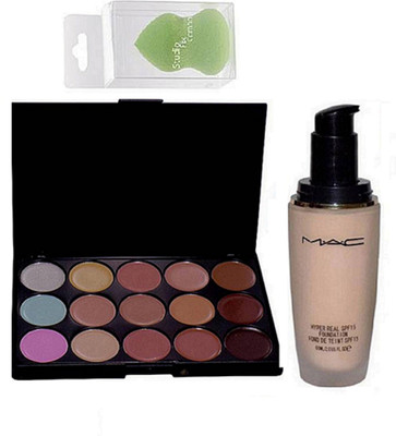 

Studio Fix Combo Spounge Puff , Mac 15 Shade Concealer Palette With Hyper real SPF 15 foundation Found De Teint(Set of 3)