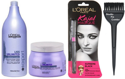 

Studio Fix Combo hair brush & liss unlimited keratinoil complex shampoo 1500ml & liss unlimited keratinoil complex spa & kajal magique(Set of 4)