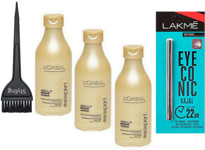 

styling Hair Brush & Loreal Absolut Repair Lipidium Shampoo Set Of 3 & Eyeconic Kajal deep Black(Set of 5)