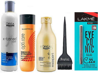 

styling Hair Brush & Matrix Opti Care Smooth Straight Shampoo & Loreal Absolut Repair Lipidium Shampoo & X Tenso Care Shampoo & Eyeconic Kajal Deep Black(Set of 5)