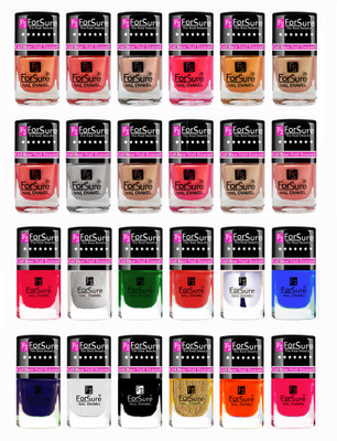 

Forsure Modern Shades Shining Nail Polish Combo of 24 pcs Nude,Silver,Brown,Peach,Pink,Red,Pink,Orange,Green,Blue,Silver,Golden,White,Transparent,Black,Pink,Glossy Blue(Pack of 24)