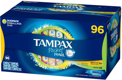 

Tampax Pocket Pearl Duopack (Regular/Super) Plastic Tampons 96 count Tampons(Pack of 96)