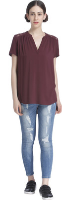 Only Casual Short Sleeve Solid Women Purple Top