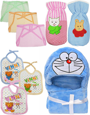 

Brandonn Daily Use pack having 1 baby wrapper, 2 feeding bottle covers, 3 nappies 3 Baby Bibs (Multicolor)(Multicolor)