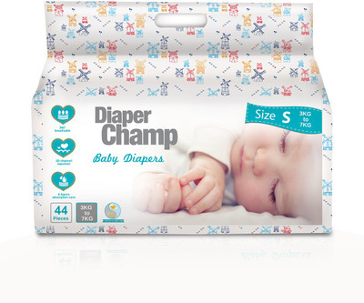 

Diaper Champ Small Size (3 to 7 kg) Chlorine, Parabens & Latex Free Ultra Soft Baby Diapers (44 Count) - S(44 Pieces)