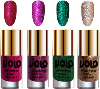 

Volo Professionally Used Glitter Shine Nail Polish Combo Pack of 4 Magenta Glitter, Purple Glitter, Dark Green Glitter, Light Golden Glitter(Pack of 4)