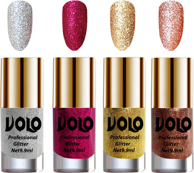 

Volo Professionally Used Glitter Shine Nail Polish Combo Pack of 4 Silver Glitter, Magenta Glitter, Golden Glitter, Peach Glitter(Pack of 4)