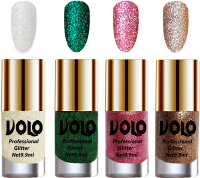 

Volo Professionally Used Glitter Shine Nail Polish Combo Pack of 4 White Nail Art And Glitter, Dark Green Glitter, Pink Glitter, Light Golden Glitter(Pack of 4)