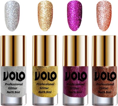 Volo Professionally Used Glitter Shine Nail Polish Combo Pack of 4 Combo-No-188 Golden Glitter, Silver Glitter, Purple Glitter, Peach Glitter(Pack of 4)