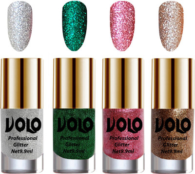 

Volo Professionally Used Glitter Shine Nail Polish Combo Pack of 4 Silver Glitter, Dark Green Glitter, Pink Glitter, Light Golden Glitter(Pack of 4)