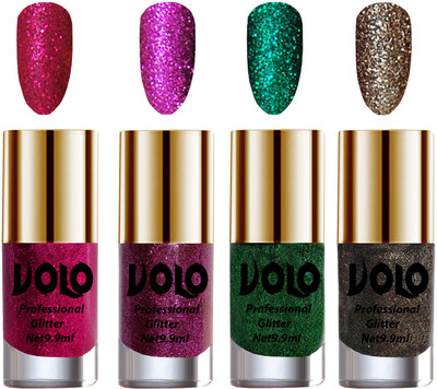 

Volo Professionally Used Glitter Shine Nail Polish Combo Pack of 4 Magenta Glitter, Purple Glitter, Dark Green Glitter, Dark Grey Glitter(Pack of 4)