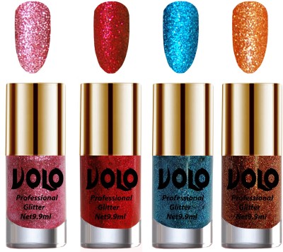 Volo Professionally Used Glitter Shine Nail Polish Combo Pack of 4 Combo-No-321 Pink Glitter, Light Orange Glitter, Red Glitter, Sky Blue Glitter(Pack of 4)