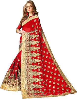 Rudra Fashion Embroidered Fashion Georgette Saree(Red, Gold) Flipkart