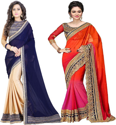 jayant creation Solid/Plain Bollywood Georgette Saree(Pack of 2, Dark Blue, Red)