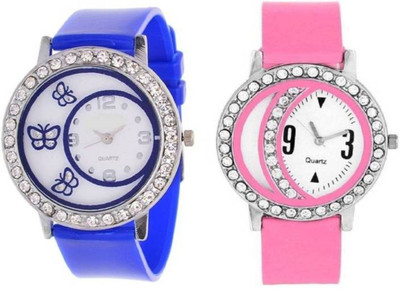 

FabSale Best New Designer MultiColor PU Strap Stylish Attractive Round White Dial Diamond Studded On Case(Pack Of 2) Latest Analog Wrist Watch - For Women