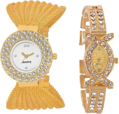 

FabSale Best New Designer Gold Metal Strap Stylish Attractive Round::Oval MultiColor Dial (Pack Of 2) Latest Analog Wrist Watch - For Girls