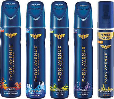 

Park Avenue GOOD MORNING DEODORANT SPRAY 150 ML+STORM DEODORANT SPRAY 150 ML+COOL BLUE DEODORANT+HORIZON DEODORANT SPRAY +TRANQUIL DEODORANT SPRAY Deodorant Spray - For Men & Women(150 ml, Pack of 5)