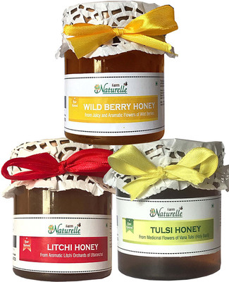 

Farm Naturelle Raw Natural Unprocessed Tulsi Forest Flower Honey & Wild Berry (Sidr) Flower Forest Honey & Litchi Flower Honey (250 Gms x 3) (Ayurved Recommended)-Huge Medicinal Value, Taste and Aphrodisiac combo Combo(250X3 Pack of 3)