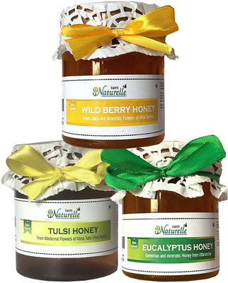

Farm Naturelle Raw Natural Unprocessed Tulsi Forest Flower Honey & Eucalyptus Flower Forest Honey & Wild Berry (Sidr) Flower Honey (250 Gms x 3) (Ayurved Recommended)-Huge Medicinal and Aprodisiac Value Combo(250X3 Pack of 3)