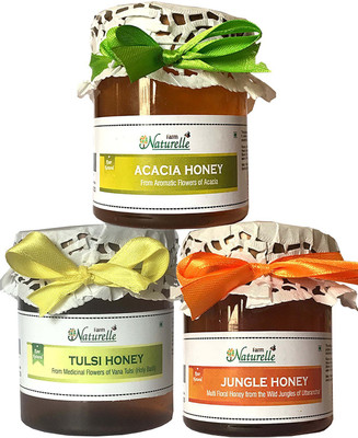 

Farm Naturelle Raw Natural Unprocessed Tulsi Forest Flower Honey & Jungle Flower Forest Honey & Acacia Flower Honey (250 Gms x 3) with cinnamon powder (Ayurved Recommended)-Huge Medicinal Value Combo(250X3 Pack of 3)