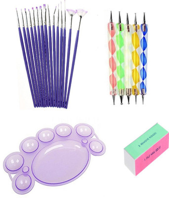 

Royalkart Combo Of 15 Pcs Nail Art Brush Set & 5 Pcs Nail Art Dotting Tolls plus Nail Art Polishing Buffer+ Free Nail Paint Mixing Palette(multi color)