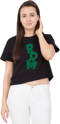 American-Elm Casual Half Sleeve Printed Women Black Top