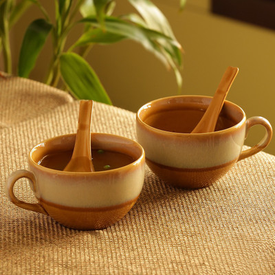 ExclusiveLane Dual Glazed Studio Pottery Table Top Soup Serving Dishes With Spoons Cum Kitchen Ceramic Soup Bowl(Yellow, Pack of 2)