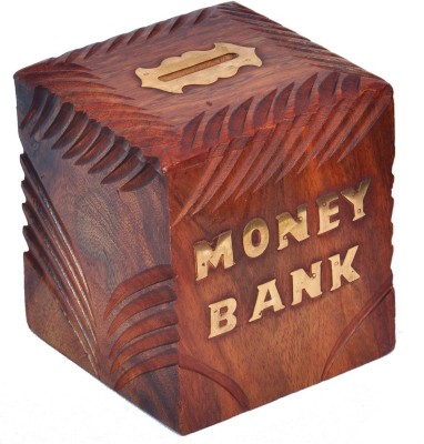 

WoodCart H@nd-Crafted Wooden Money Bank Square-Cutter Design with Bottom Lock 4 Inch Coin Bank(Brown)