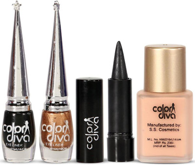 

Color Diva Face & Eye Tuning Golden & Black Eyeliner,Kajal With Foundation(Set of 5)