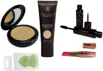 

studio fix combo Sponge Puff & Face Powder Compact & Anastasia Beverly Hills Foundation Fond De Teint Spf 15 & 2 In 1 Eyeliner & Mascara & 9 To 5 Lipstick(Set of 5)