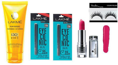 

Studio Fix Combo Eyelashes&Eyeconic Pack 2 Kajal Pencil ,Expert Lotion,Enrich Red Lipstick(Set of 5)