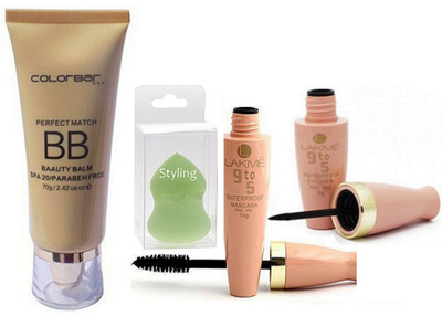 

styling Sponge Puff & Colorbar Perfect Match BB Beauty Balm Foundation & 9 To 5 WaterProof Eyeliner & Mascara(Set of 4)