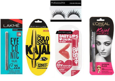 

Professional kit Eyelashes & Maybelline New Yrok Colossal Kajal& Cherry Kiss LipBalm &L'oreal Paris Magique Supreme Black - New Pack - 12 H Smudge-proof & Lakme Eyeconic Kajal, Deep Black 0.35g(Set of 5)