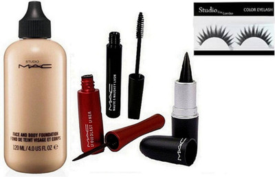 

studio fix combo Eyelashes& Stick Kajal & Liquid Last Liner & Haute & Naughty Mascara & face & Body Foundation Of mac(Set of 5)