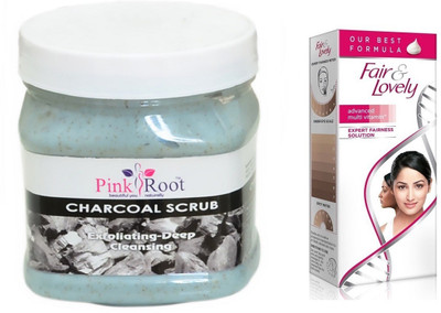 

Pink Root Charcoal Scrub 500ml and Fair & Lovely Advanced Multi Vitamin Expert fairness solution(Set of 2)