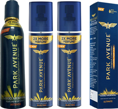 

Park Avenue GOOD MORNING INTENSE DEODORANT SPRAY 150 ML+ GOOD MORNING ELECTRIC DEODORANT SPRAY 135 ML+ GOOD MORNING ULTIMATE DEODORANT SPRAY 150 ML Deodorant Spray - For Men & Women(135 ml, Pack of 4)