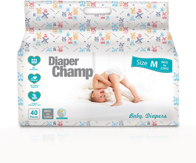 

Diaper Champ Medium Size (6 To 11 Kg) Chlorine, Parabens & Latex Free Ultra Soft Baby Diapers (40 Count) - M - M(40 Pieces)