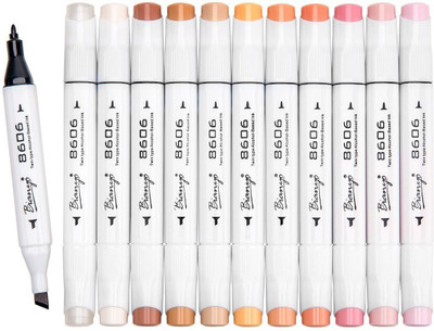 

Bianyo Skin Tones Dual Art Marker Pens- Fine and Chisel Tips, Sketch Markers for Drawing, Shading, Outlining, Illustrating, Colorless Blender, 12-Colors(Set of 12, Multicolor)