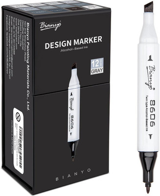 

Bianyo Cool Greys Art Marker Pens- Dual Tip Permanent Markers for Drawing, Shading, Outlining, Illustrating, Sketching, Colorless Blender, 12-Colors(Set of 12, Grey)