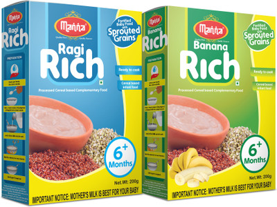 Manna Ragi Rich & Banana Rich Combo Pack| Fortified Sprouted Ragi, Green Gram, and Bengal Gram Cereal for Babies/Infants (6+ Months) | 100% Natural(2 x 200 g) Manna Ragi Rich & Banana Rich Combo Pack| Fortified Sprouted Ragi, Green Gram, and Bengal Gram Cereal for Babies/Infants (6+ Months) | 100% Natural(2 x 200 g)